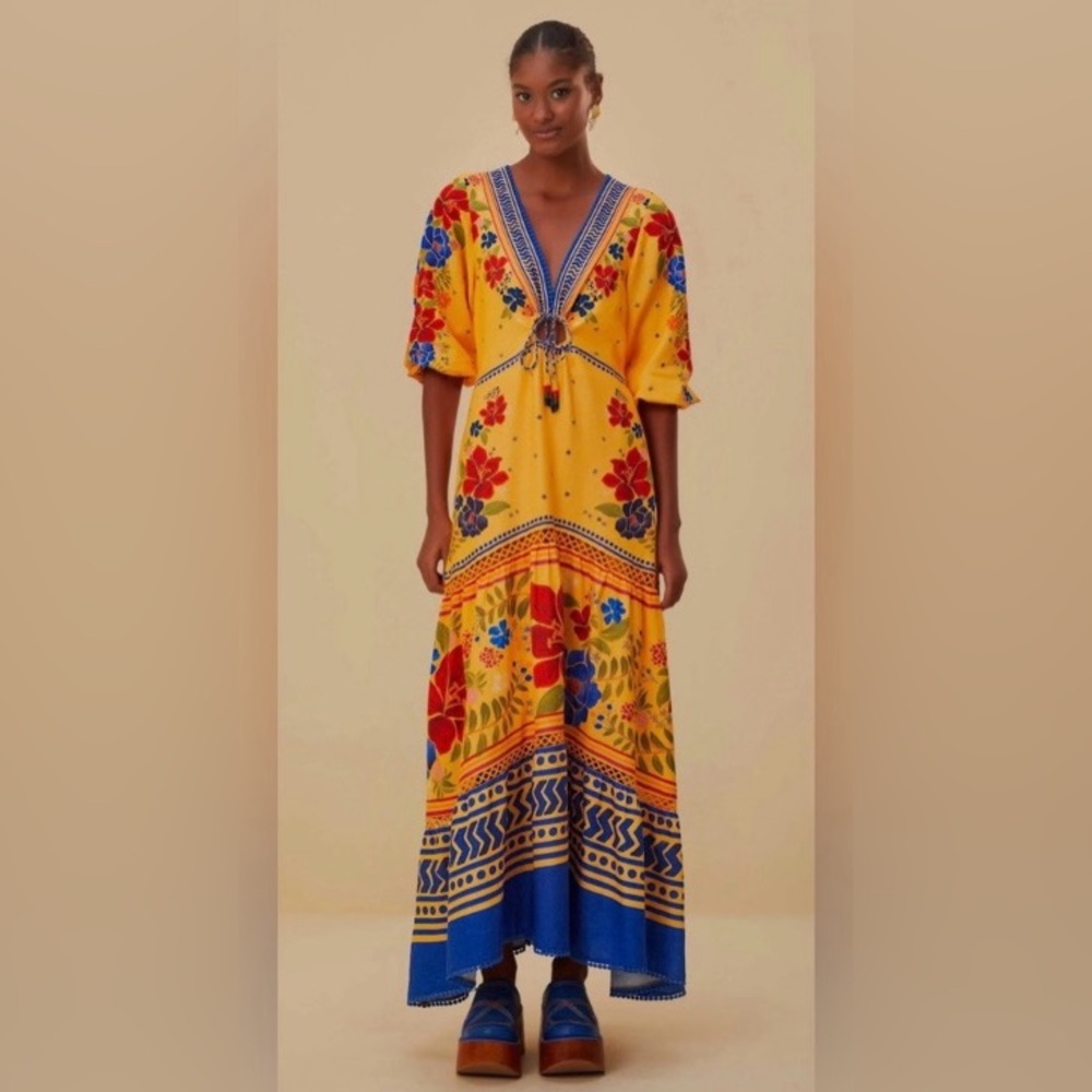 Farm Rio Yellow Floral Yard Maxi Dress Large - Picture 2 of 5